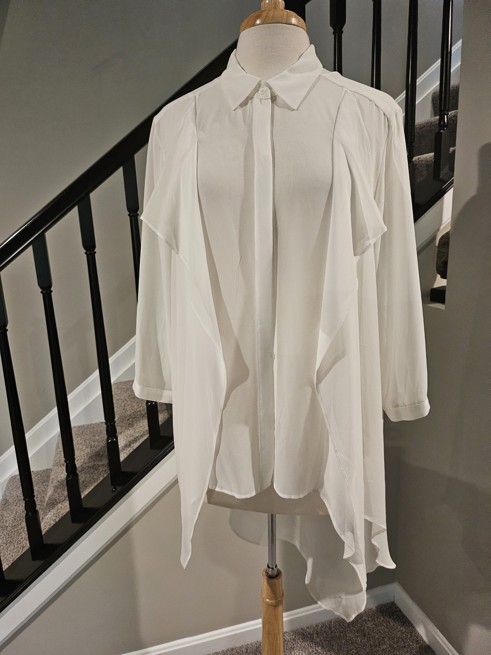 Chico's Black Label White Sheer Hi/Lo Diagonal Button-Front Blouse-Chico Size 3
